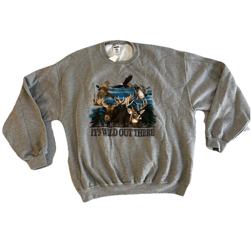 VTG Y2K JERZEES Crewneck Sweater Gray Nature Hunting Fishing Sweatshirt